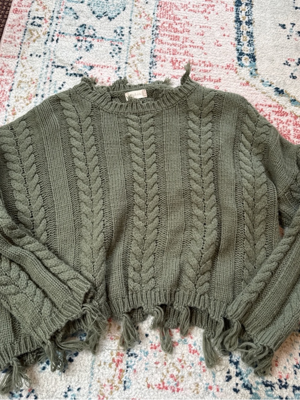 Altar'd State Olive Green Cable Knit Fringe Hem Sweater